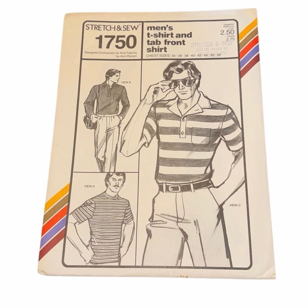 Men’s Vintage 1970s Sewing Pattern by Stretch & Sew #1750 t shirt / tab front sh